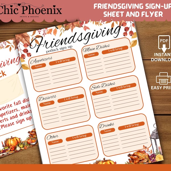 EDITABLE Friendsgiving Potluck Invitation and Signup Sheet, Thanksgiving Luncheon Dinner Potluck Printable PDF, edit in Canva