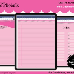 May include: A digital pink lined notepad with an index page and 110 hyperlinked topics. The notepad is designed for use with note-taking apps like GoodNotes and Notability.