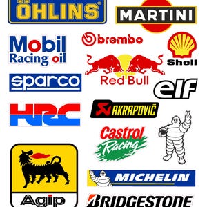 Op de afbeelding: Een verzameling logo's van race- en automerken, waaronder Öhlins, Martini, Mobil Racing Oil, Brembo, Shell, Red Bull, Elf, Sparco, Akrapovič, Castrol Racing, Michelin, Agip en Bridgestone. Logo's in diverse kleuren.