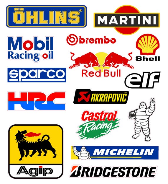 Universal Technical Sponsor Stickers for Motorcycle, Car, Bike, Kart, Off-Road Fairings, 30cm x 27cm Sheet with 15 pieces