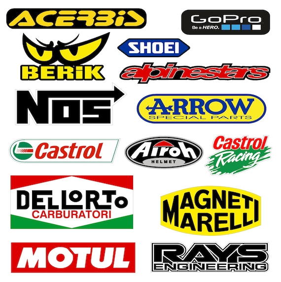 Universal Technical Sponsor Stickers for Motorcycle, Car, Bike, Kart, Off-Road Fairings, 30cm x 27cm Sheet with 14 pieces