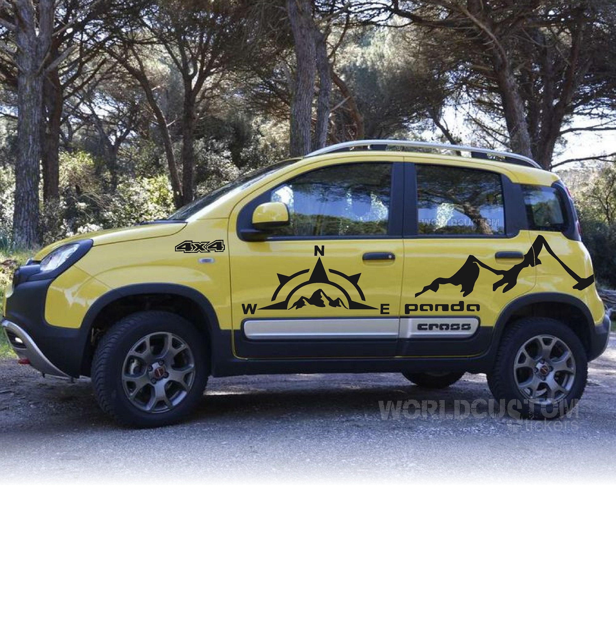 Adesivi Grafica Montagne Per Fiat Panda Cross 4x4 – Nero Lucido, Vinile Auto, Kit Decorativo