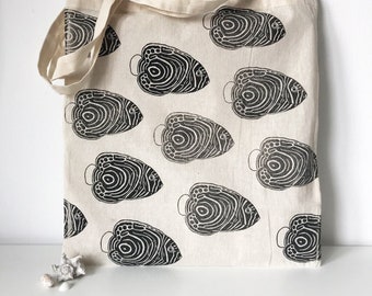 Fish pattern print tote bag / cotton tote bag / hand printed / shopping bag / gift bag