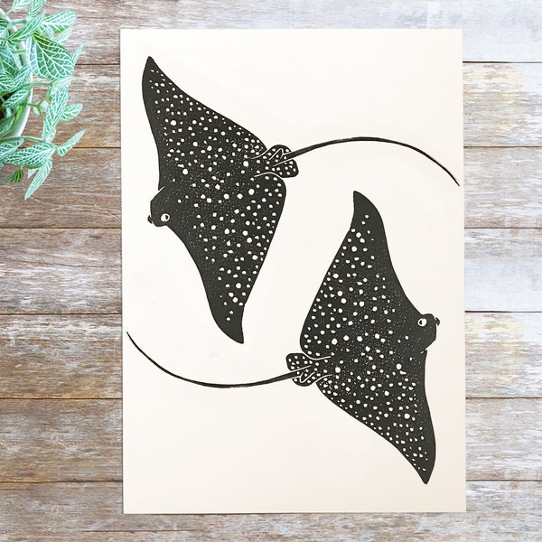 Manta Ray print / Eagle Ray / Sea world / Block Printing / A4 print / Handprinted / Wall art / Decor