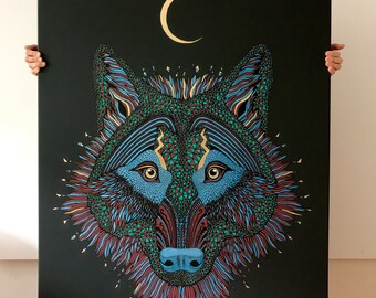 Pintura de lobo / pintura de lienzo / original / pintura grande / decoración de pared / negro