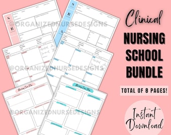 May include: A printable bundle of 8 pages for nursing school. The pages are white with black text and lines. The pages include a nursing care plan, a patient assessment, and a medication administration record. The text "Clinical Nursing School Bundle" and "Total of 8 pages!" is in pink and blue text. The text "Instant Download" is in blue text.