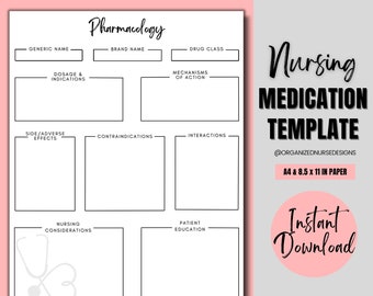 Pharmacology Nursing Template | Nursing Student Printable | Nursing School | Nursing Template | Nurse | Pharmacology Study Guide