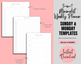 Minimalist Weekly Planner Printable Hourly Agenda Sunday Monday Start Undated Blank Schedule US Time Blocking PDF File US Letter A4