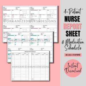 Nurse Report Sheet: Med Surg, 4 Patients, Medication Schedule (Printable Template)