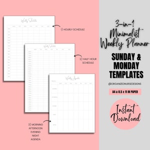 Minimalist Weekly Planner Printable: Hourly, Half-Hour, Agenda (PDF File)