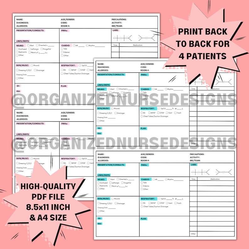 Nurse Report Sheet Med Surg Brain Sheet Hand-Off Hourly To-Do List Day/Night Shift Medication Printable PDF Template image 2