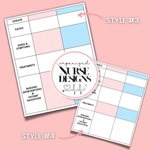 K&ouml;nnte beinhalten: Zwei druckbare Studienleitf&auml;den f&uuml;r die Krankenpflege mit unterschiedlichen Layouts. Die Leitf&auml;den sind in Abschnitte mit &Uuml;berschriften wie "Krankheit", "Patho", "Symptome und Anzeichen", "Behandlungen" und "Pflegeinterventionen und Patientenaufkl&auml;rung" unterteilt. Die Leitf&auml;den sollen Krankenschwestern bei der Organisation ihres Studiums helfen.