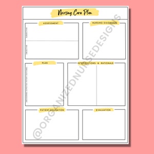 May include: A printable nursing care plan template with sections for assessment, nursing diagnosis, plan, interventions and rationale, patient education, and evaluation.