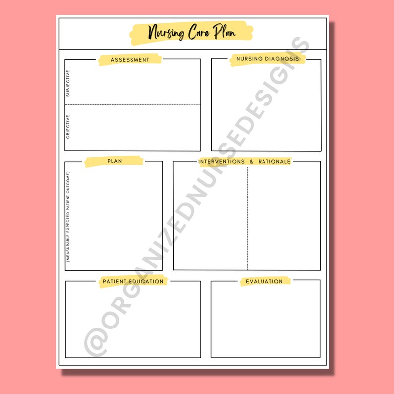 May include: A printable nursing care plan template with sections for assessment, nursing diagnosis, plan, interventions and rationale, patient education, and evaluation.