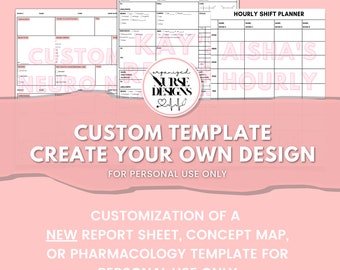 Op de afbeelding: Een roze achtergrond met een witte tekstoverlay die "AANGEPASTE TEMPLATE MAAK JE EIGEN ONTWERP VOOR PERSOONLIJK GEBRUIK". De afbeelding toont ook drie verschillende afdrukbare sjablonen voor verpleegkundigen, waaronder een "Uurlijkse Dienstplanning" met de tekst "Aisha's Hourly" en een "Nieuw Rapportblad" met de tekst "Aangepaste Neuro-Notities".