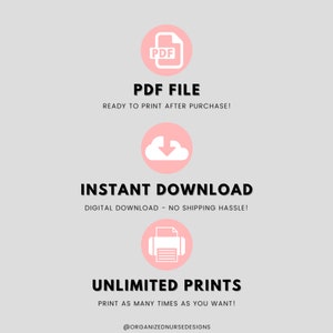 May include: A pink graphic with three icons representing the features of a digital download: a PDF file, an instant download cloud, and a printer for unlimited prints. The text reads "PDF FILE", "READY TO PRINT AFTER PURCHASE!", "INSTANT DOWNLOAD", "DIGITAL DOWNLOAD - NO SHIPPING HASSLE!", "UNLIMITED PRINTS", "PRINT AS MANY TIMES AS YOU WANT!" and "@ORGANIZEDNURSEDESIGNS".