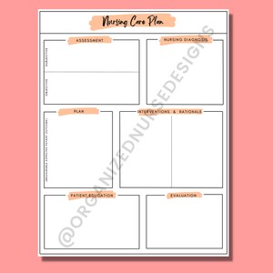 May include: A printable nursing care plan template with sections for assessment, nursing diagnosis, plan, interventions and rationale, patient education, and evaluation.