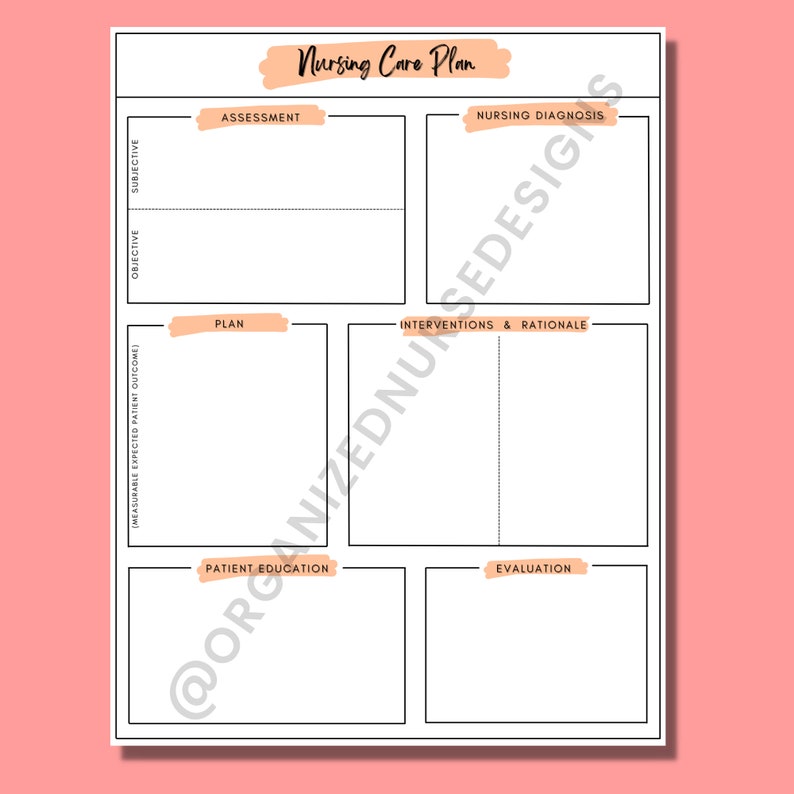 May include: A printable nursing care plan template with sections for assessment, nursing diagnosis, plan, interventions and rationale, patient education, and evaluation.