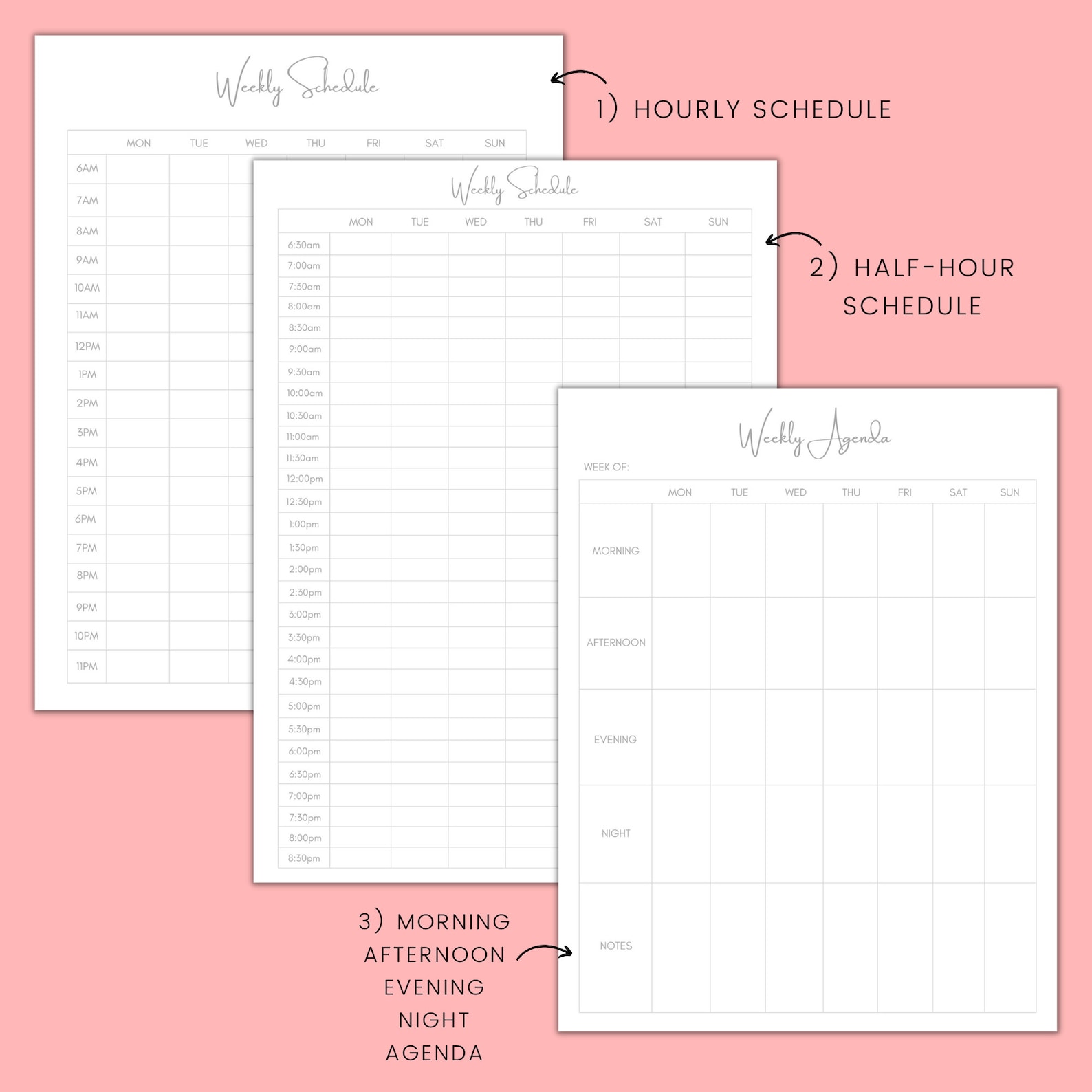 Minimalist Weekly Planner Printable Hourly Agenda Sunday Monday Start ...