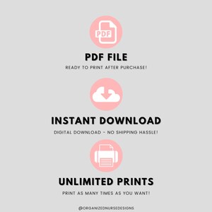 K&ouml;nnte beinhalten: Eine rosa Grafik mit drei Symbolen, die die Funktionen eines digitalen Downloads darstellen: eine PDF-Datei, eine Instant-Download-Cloud und ein Drucker f&uuml;r unbegrenzte Ausdrucke. Der Text lautet "PDF-DATEI", "BEREIT ZUM DRUCKEN NACH DEM KAUF!", "INSTANT DOWNLOAD", "DIGITALER DOWNLOAD - KEIN VERSAND-AUFWAND!", "UNBEGRENZTE AUSDRUCKE", "DRUCKEN SIE SO OFT SIE M&Ouml;CHTEN!" und "@ORGANIZEDNURSEDESIGNS".