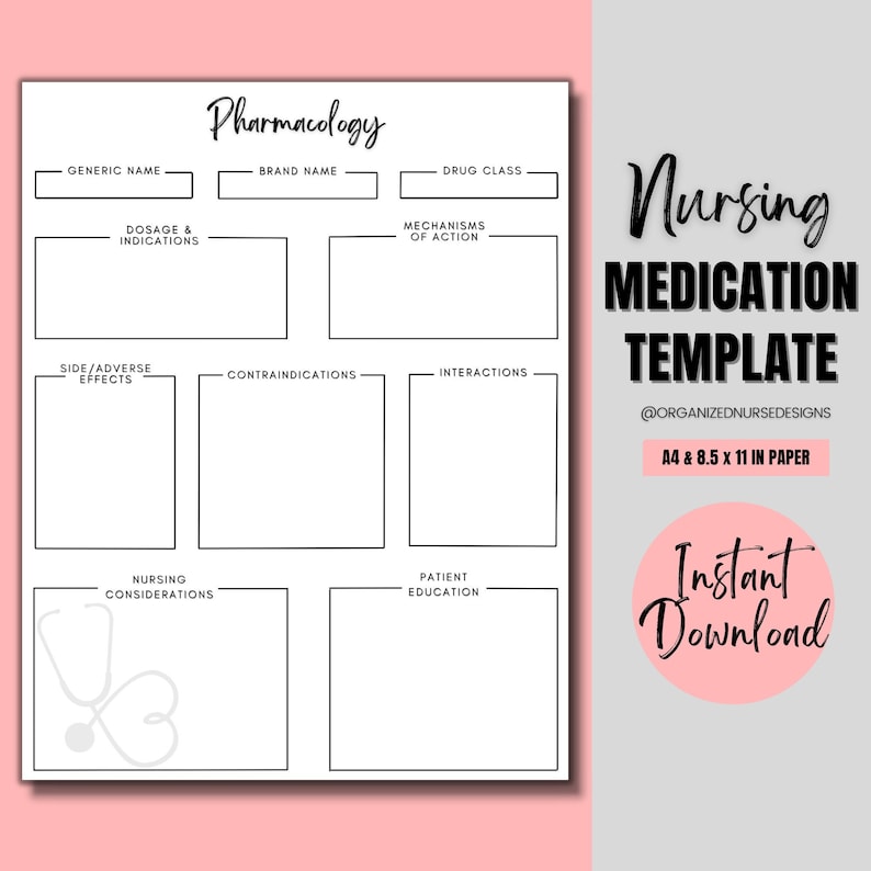 Pharmacology Nursing Template Nursing Student Printable Nursing School Nursing Template Nurse Pharmacology Study Guide image 1