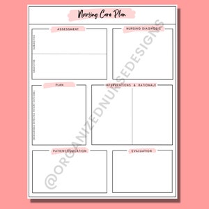 May include: A printable nursing care plan template with sections for assessment, nursing diagnosis, plan, interventions and rationale, patient education, and evaluation.