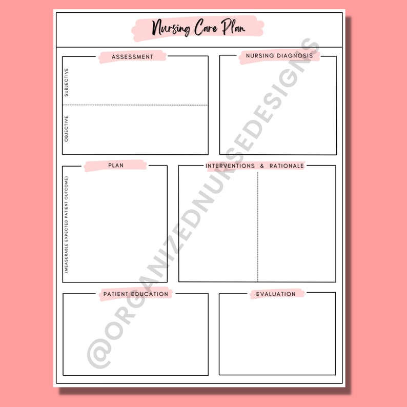 May include: A printable nursing care plan template with sections for assessment, nursing diagnosis, plan, interventions and rationale, patient education, and evaluation.
