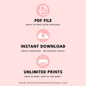 K&ouml;nnte beinhalten: Eine rosa Grafik mit wei&szlig;en Symbolen und Text. Die Symbole stellen eine PDF-Datei, eine Wolke mit einem Download-Pfeil und einen Drucker dar. Der Text lautet "PDF FILE", "READY TO PRINT AFTER PURCHASE!", "INSTANT DOWNLOAD", "DIGITAL DOWNLOAD - NO SHIPPING HASSLE!", "UNLIMITED PRINTS", "PRINT AS MANY TIMES AS YOU WANT!" und "WWW.ORGANIZEDNURSEDESIGNS.COM".