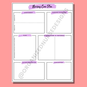May include: A printable nursing care plan template with sections for assessment, nursing diagnosis, plan, interventions and rationale, patient education, and evaluation.