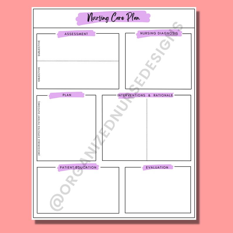 May include: A printable nursing care plan template with sections for assessment, nursing diagnosis, plan, interventions and rationale, patient education, and evaluation.