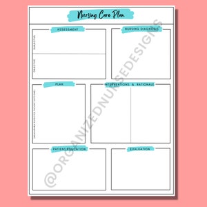 May include: A printable nursing care plan template with sections for assessment, nursing diagnosis, plan, interventions and rationale, patient education, and evaluation.