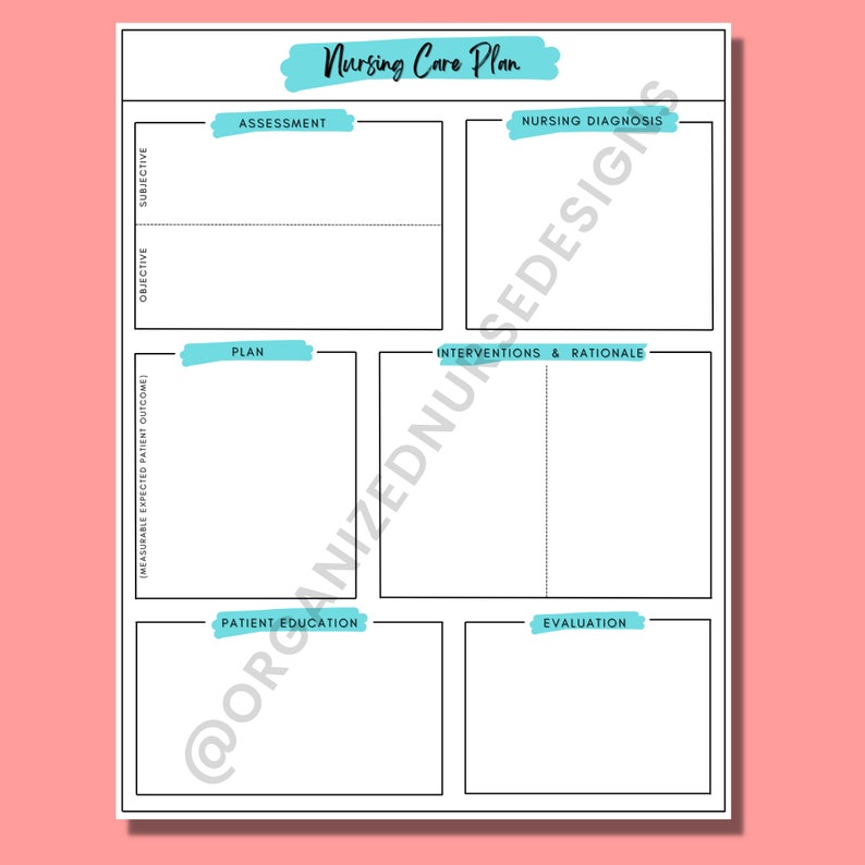 May include: A printable nursing care plan template with sections for assessment, nursing diagnosis, plan, interventions and rationale, patient education, and evaluation.