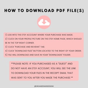 Puede incluir: Gr&aacute;fico rosa con una nube blanca y una flecha hacia abajo. El texto dice "HOW TO DOWNLOAD PDF FILE(S)". Instrucciones sobre c&oacute;mo descargar archivos PDF de Etsy.  "PLEASE NOTE: IF YOU PURCHASED AS A "GUEST" AND DO NOT HAVE AN ETSY ACCOUNT, YOU WILL SEE THE LINK TO DOWNLOAD YOUR FILES IN THE RECEIPT EMAIL THAT WAS SENT TO YOU AFTER YOU MADE THE PURCHASE."