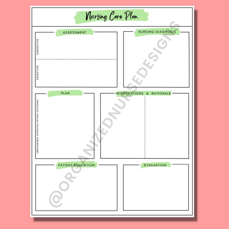 May include: A printable nursing care plan template with sections for assessment, nursing diagnosis, plan, interventions and rationale, patient education, and evaluation.