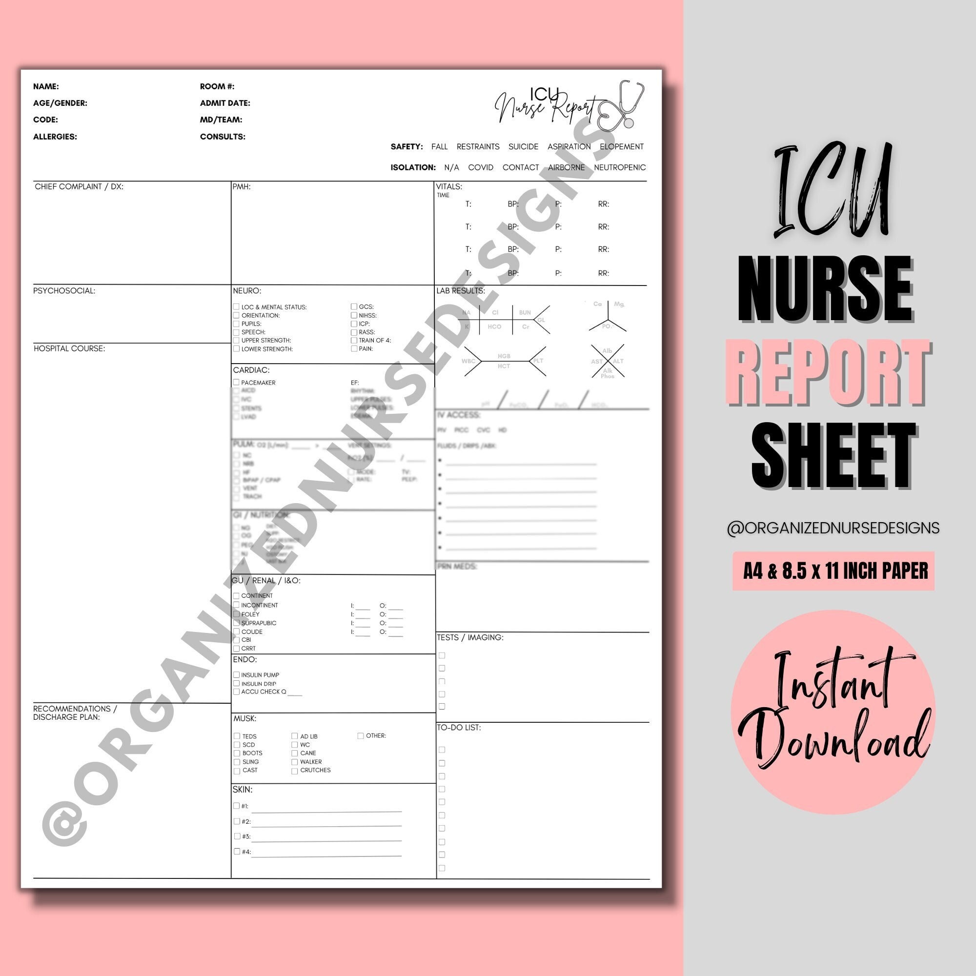 ICU Nurse Report Sheet  Nurse Brain Sheet  Critical Care Nurse Handoff  Report Sheet  Printable Template  US Letter  A22 Inside Icu Report Template