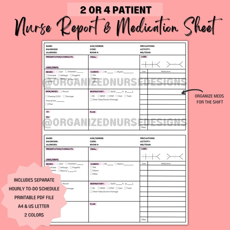 Nurse Report Sheet Med Surg Brain Sheet Hand-Off Hourly To-Do List Day/Night Shift Medication Printable PDF Template image 1