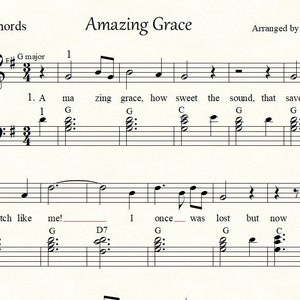 Amazing Grace, 2 piano arrangements: 1 easy and 1 intermediate, with guitar chords and lyrics