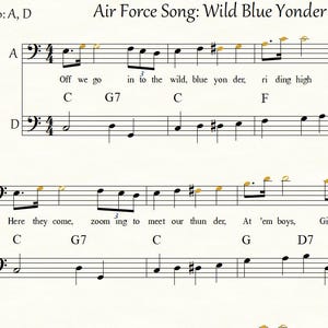 Partitura para violonchelo de la canción de la Fuerza Aérea (Wild Blue Yonder), solo/dúo con parte de piano fácil.