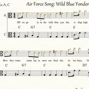 Partitura de la canción de la Fuerza Aérea Viola (Wild Blue Yonder), para solista/dúo con parte de piano fácil (PDF).