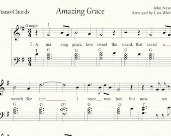 Amazing Grace, 2 arreglos para piano: 1 fácil y 1 intermedio, con acordes de guitarra y letra.