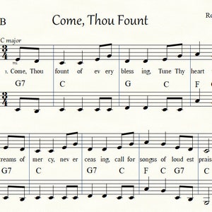 May include: Sheet music for the hymn "Come, Thou Fount" arranged for violin. The music includes lyrics and chords for each measure.