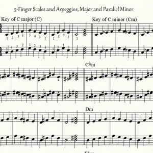 5 Exercises for Easy Piano: 5-Finger Scales/Arpeggios, 1-Oct. Scales, 1-Oct. Arpeggios, Scales w/Chord Progressions,  Transposition Exercise
