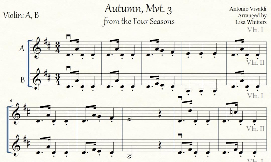 Autumn From the Four Seasons-for Easy Violin Solo or Duet and Piano ...