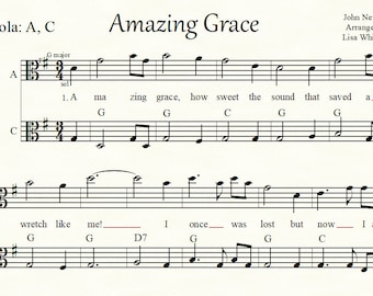 May include: Sheet music for the song "Amazing Grace" arranged for viola. The music includes the lyrics and notes for the first two verses of the song.