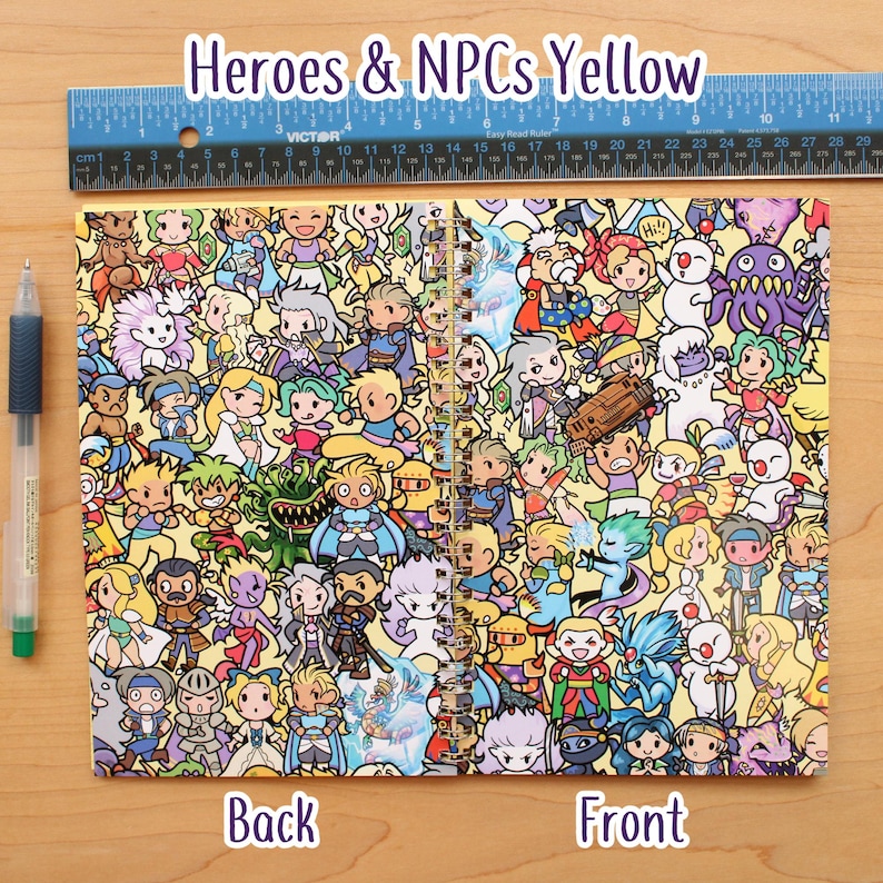 May include: A spiral-bound notebook with a yellow cover featuring a colorful cartoon illustration of various characters. The notebook is open, displaying the front and back covers. The text "Heroes & NPCs Yellow" is at the top. A blue ruler and a pen are also visible.