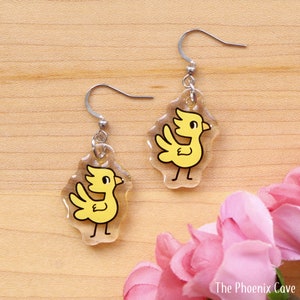 FF Chocobo Earrings - 1&quot; Acrylic Charm Earrings - Final Fantasy Jewelry - Cute Yellow Bird Kawaii Chibi - Gifts for Gamer