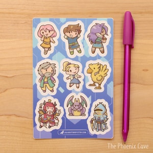 May include: A sheet of stickers featuring characters and creatures from the Final Fantasy video game series. The stickers are on a blue background with a white hexagonal pattern. The characters include a blonde girl with a blue dress, a boy with brown hair and a blue shirt, a girl with pink hair and a yellow dress, a man with gray hair and a green jacket, a Chocobo, a dragon, and a knight in armor. The text "xulawhitshop.etsy.com" is printed at the bottom of the sheet.