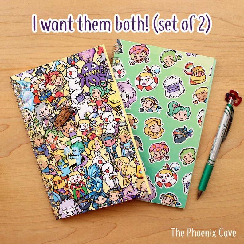 May include: Two spiral-bound notebooks with colorful cartoon character designs. One notebook has a yellow cover with various characters, and the other has a green cover with character faces. A green pen with a red flower-shaped top is also present. Text on the image reads: "I want them both! (set of 2)"