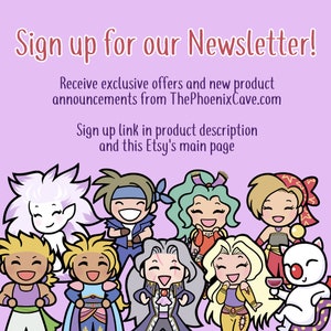 May include: A promotional image with a light purple background. The text "Sign up for our Newsletter!" is at the top. Below, the text reads "Receive exclusive offers and new product announcements from ThePhoenixCave.com". Below the text are cartoon characters.