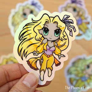 FF6 Celes Holographic Vinyl Sticker - Moe Style - 3.25&quot; tall Final Fantasy VI vinyl stickers - rainbow holo - Moe Anime Cute Kawaii Decal